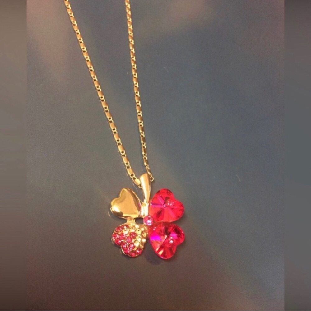 Gold Four-Leaf Clover Necklace with Pink/Red Crystal Petals